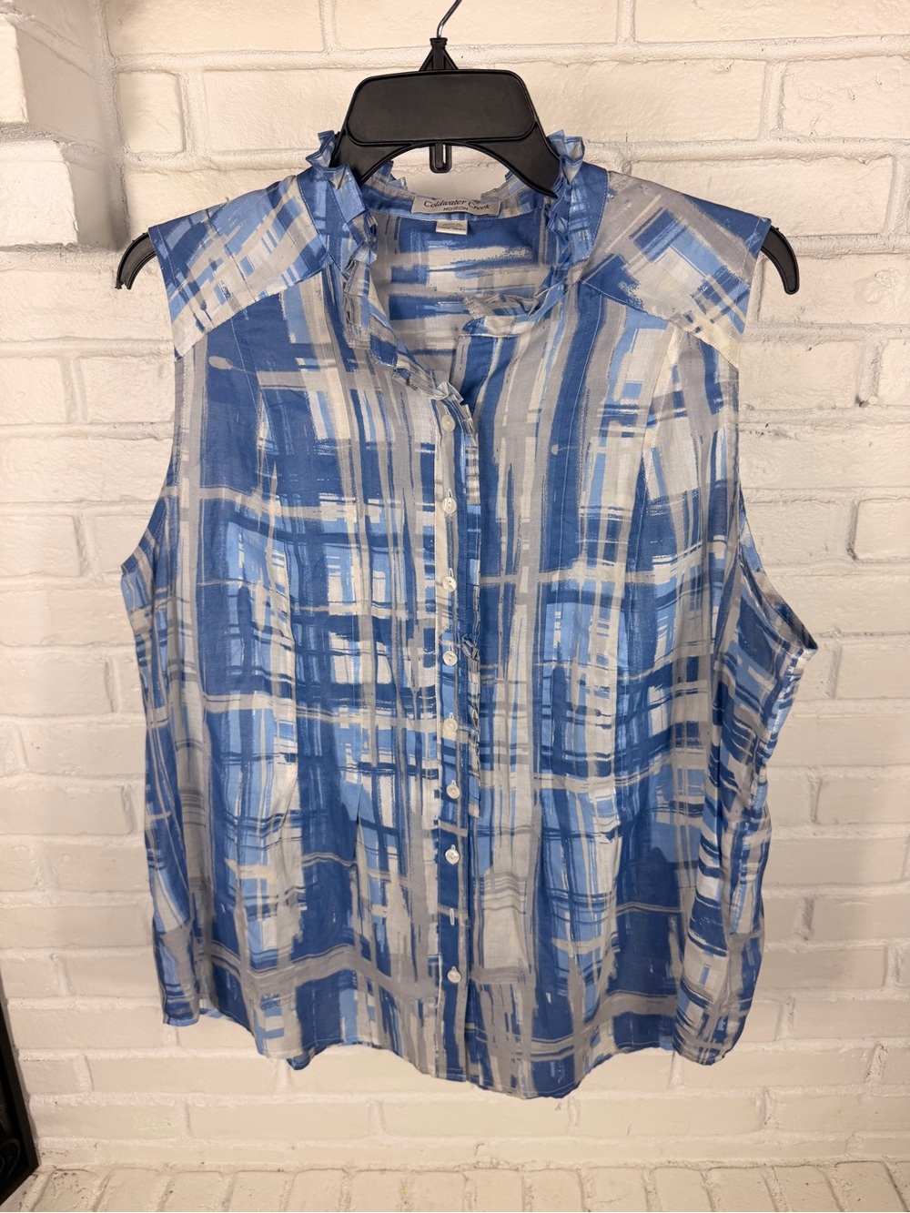 Coldwater Creek Blue Abstract Plaid Sleeveless Ruffle Blouse XXL 18W